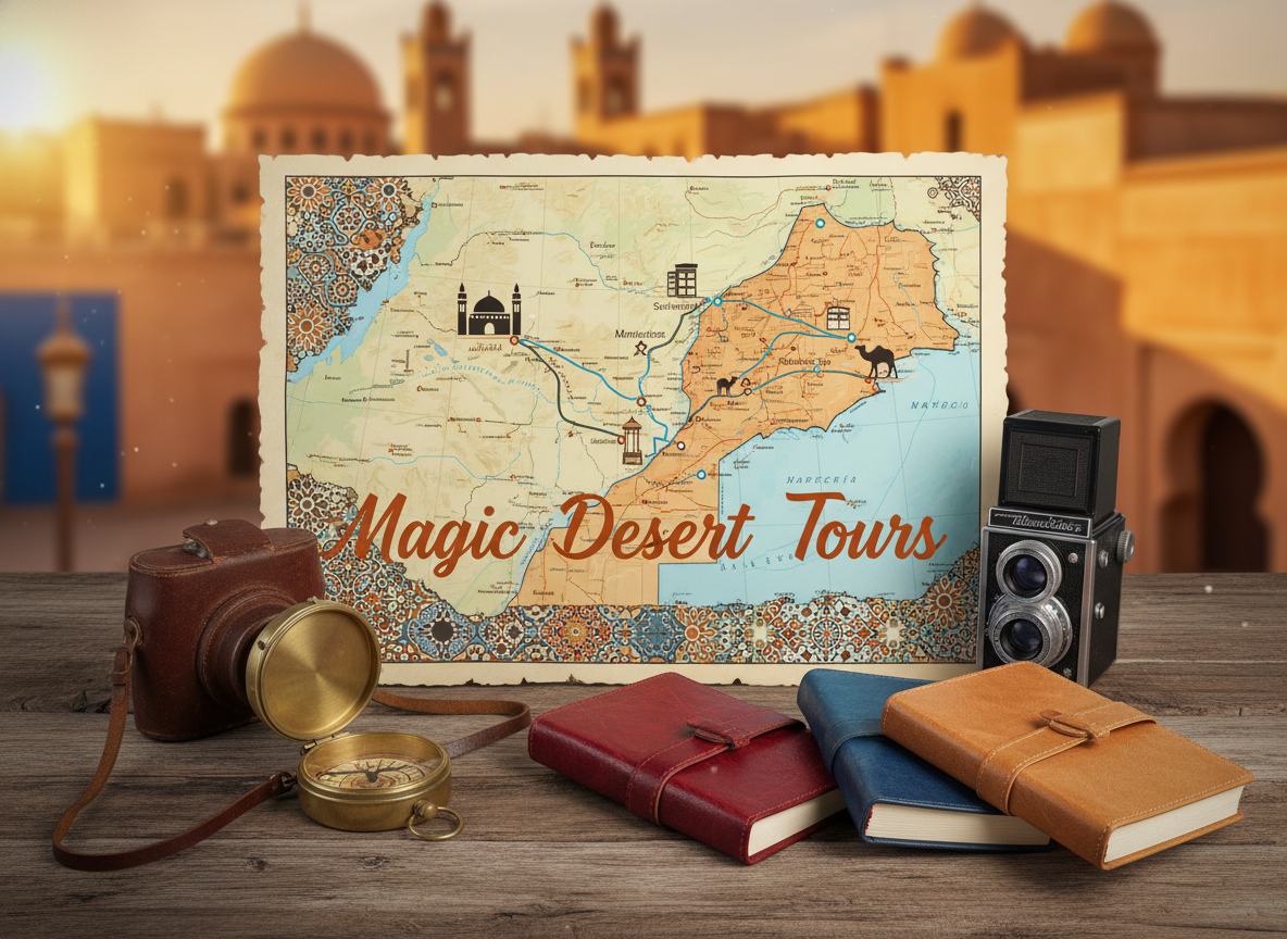A beautifully arranged Morocco itinerary planning guide featuring a rich, detailed map highlighting key destinations like Marrakech, Fez, and the Sahara Desert. The foreground includes a neatly organized selection of travel accessories: a compass, a vintage camera, and travel journals in elegant textures and colors, inviting exploration. The middle ground showcases the map with marked routes and icons for each destination, overlaid on ancient tapestry patterns that hint at Morocco’s unique culture. In the background, soft Moroccan architecture, including domes and vibrant colors, creates a warm, inviting atmosphere, illuminated by the golden glow of sunset lighting. Reflecting the essence of adventure and discovery, the text, “Magic Desert Tours,” subtly integrated into the design without any visible captions or overlays. The image should evoke a sense of wanderlust and excitement for travelers planning their perfect Moroccan escape.