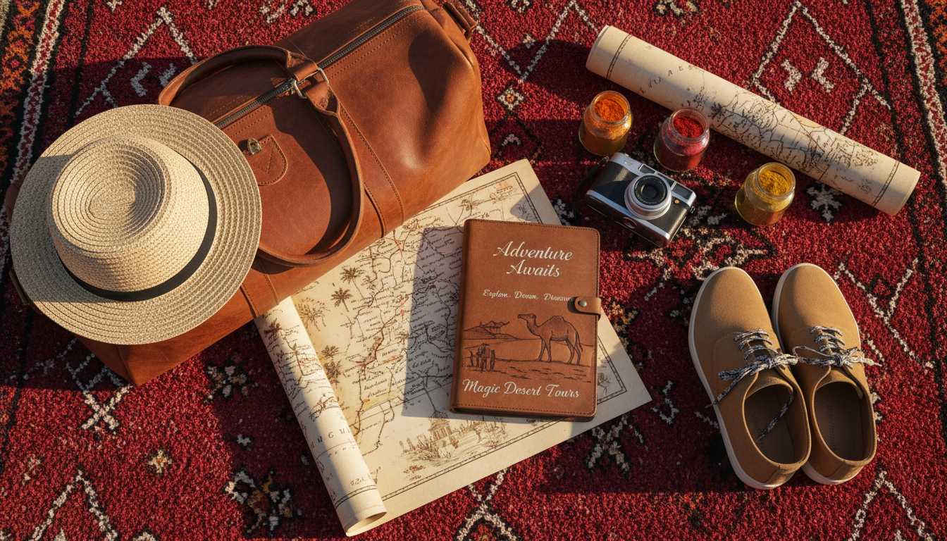 A beautifully arranged flat lay of essential travel items for a guided tour in Morocco, featuring a vibrant red Moroccan rug as the background. Foreground includes a stylish straw hat, a plush leather travel bag, a detailed map of Morocco, a pair of comfortable, stylish walking shoes, and traditional Moroccan spices in small glass jars. In the middle, a well-crafted, colorful travel notebook with an open page showcasing inspirational travel quotes, alongside a compact digital camera. The lighting is warm and inviting, creating a soft glow that enhances the textures of the items. The composition should evoke a sense of adventure and preparation, showcasing the brand "Magic Desert Tours" subtly emphasized with one of the travel items.