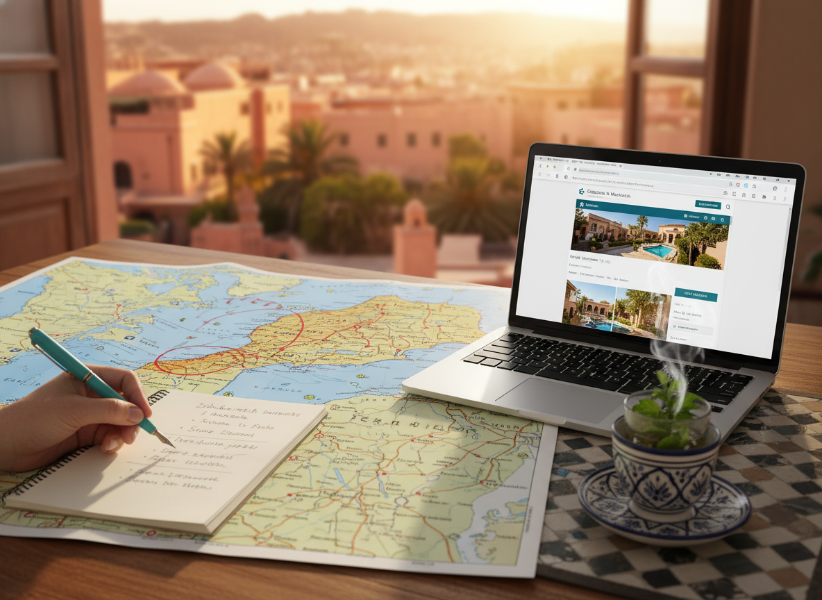 A beautifully arranged travel planning scene for a Morocco trip, featuring a wooden desk with a vibrant map of Morocco spread out, highlighting key destinations like Marrakech and the Sahara Desert. In the foreground, a hand holds a colorful pen poised above a notepad filled with notes and ideas. The middle ground showcases an open laptop displaying travel booking websites, with a cup of steaming mint tea beside it, surrounded by traditional Moroccan tiles. In the background, there's a window revealing a sun-soaked landscape of Moroccan architecture and palm trees, with golden hour lighting creating a warm and inviting atmosphere. The overall mood is organized yet adventurous, inspiring the viewer to embark on a memorable journey through Morocco.
