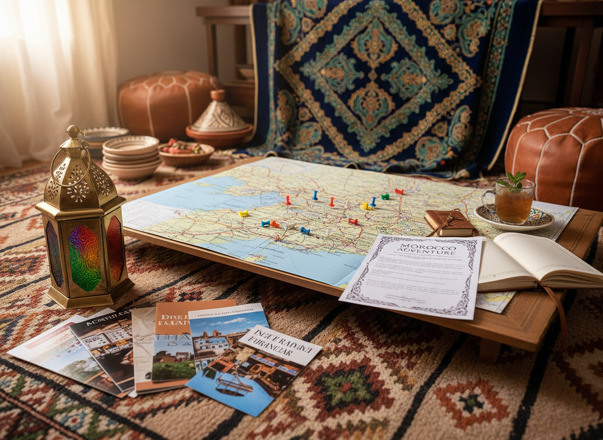 A beautifully laid out travel planning desk, featuring a detailed Morocco travel itinerary. In the foreground, there are vibrant Moroccan travel brochures, a beautifully patterned Moroccan rug, and a bright lantern. The middle ground showcases a stylish wooden table with an open map of Morocco, adorned with colorful pins marking top destinations like Marrakech, Chefchaouen, and the Sahara Desert. In the background, a gracefully draped Moroccan textile and an assortment of traditional handicrafts can be seen, evoking a sense of Moroccan culture. Soft, warm lighting creates an inviting atmosphere, enhancing the rich colors and textures, while a slight overhead angle captures the scene in full detail, inviting viewers to immerse themselves in the travel planning experience.