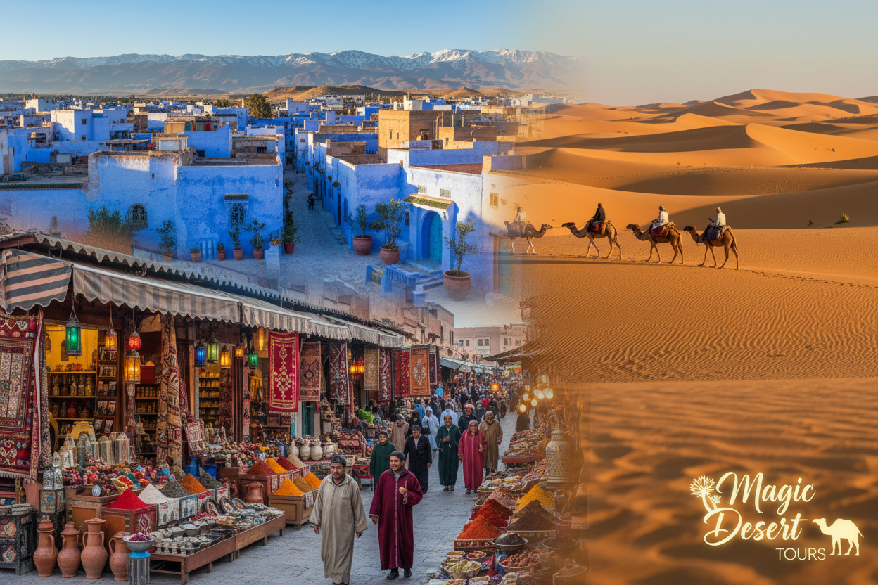 A breathtaking collage of Morocco’s best travel destinations, showcasing a vibrant souk in Marrakech bustling with colorful textiles and spices in the foreground. The middle layer features the stunning Blue City of Chefchaouen with its cobalt blue washed buildings, and the magnificent peaks of the Atlas Mountains under a clear blue sky. In the background, the sweeping sands of the Sahara Desert stretch towards the horizon, with golden dunes glowing in the warm sunlight. Soft, golden hour lighting bathes the scene, creating a dreamy, inviting atmosphere. Capture this iconic landscape with a wide-angle lens to emphasize the depth and beauty of Morocco, reflecting the essence of a 12-day itinerary. Incorporate subtle branding elements of "Magic Desert Tours" within the design, ensuring a seamless integration into the visual composition without any text overlays.