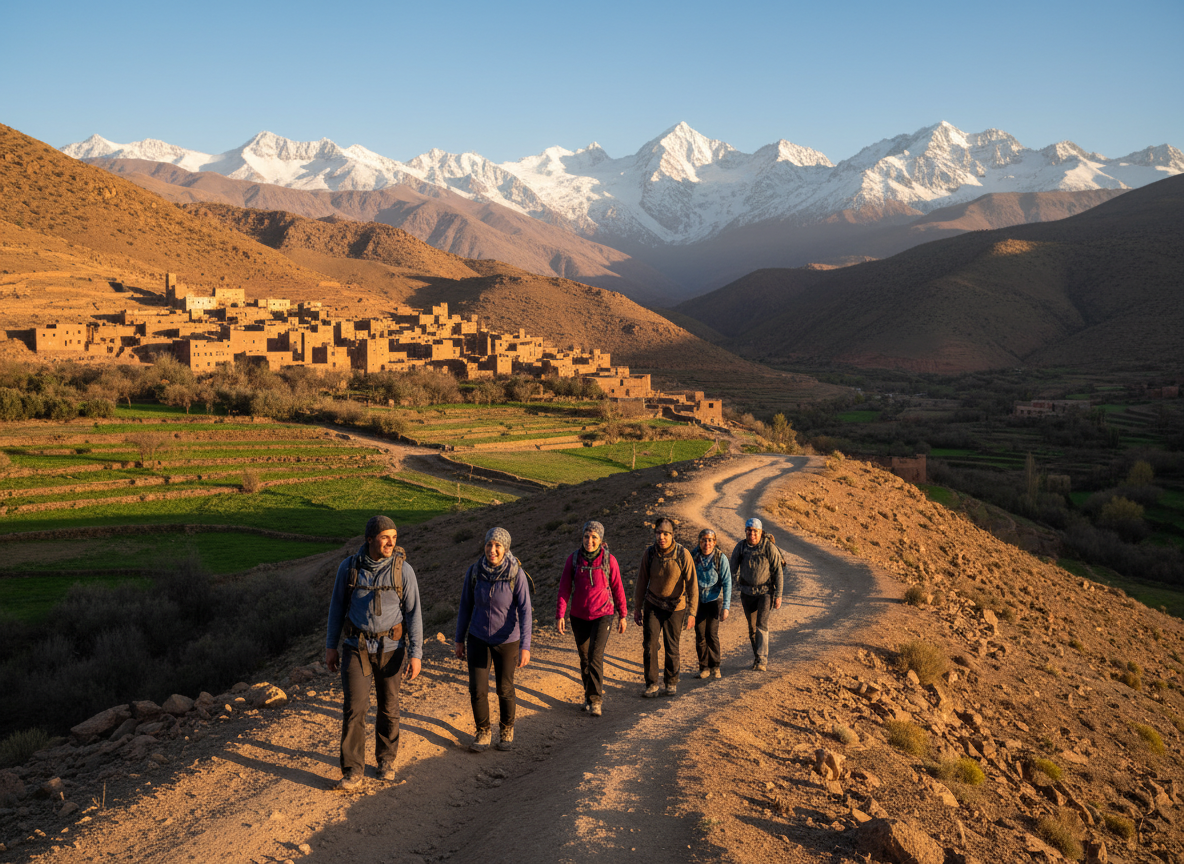 A breathtaking landscape of the Atlas Mountains during a golden hour trek, showcasing winding trails that lead through lush valleys and rocky peaks. In the foreground, a diverse group of trekkers in modest casual clothing are navigating the path, with a mix of men and women, displaying camaraderie and adventure spirit. The middle ground features traditional Berber villages, their earthen structures blending harmoniously with the rugged terrain. In the background, towering snow-capped mountains rise majestically against a clear blue sky, bathed in warm sunlight. The mood is vibrant and inviting, capturing the essence of exploration. The scene is inspired by Magic Desert Tours, emphasizing the beauty and culture of Morocco's mountainous regions. The image should convey serenity and awe, with soft lighting that enhances the natural colors and textures of the landscape.