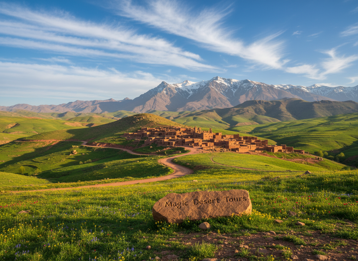 A breathtaking landscape of the Middle Atlas region in Morocco, showcasing a rugged terrain with rolling hills and lush valleys. In the foreground, a winding dirt road leads through vibrant green pastures dotted with wildflowers, evoking a sense of adventure. The middle ground features traditional Berber villages made of adobe clay, with terracotta rooftops blending harmoniously into the landscape. In the background, imposing mountains rise majestically, capped with patches of snow, under a brilliant blue sky filled with wispy clouds. The warm sunlight bathe the scene in a golden hue, creating a tranquil yet inviting atmosphere. Capture this moment with a slightly elevated angle, evoking a sense of exploration, and include the brand name "Magic Desert Tours" subtly in the landscape, as if part of the scenery.