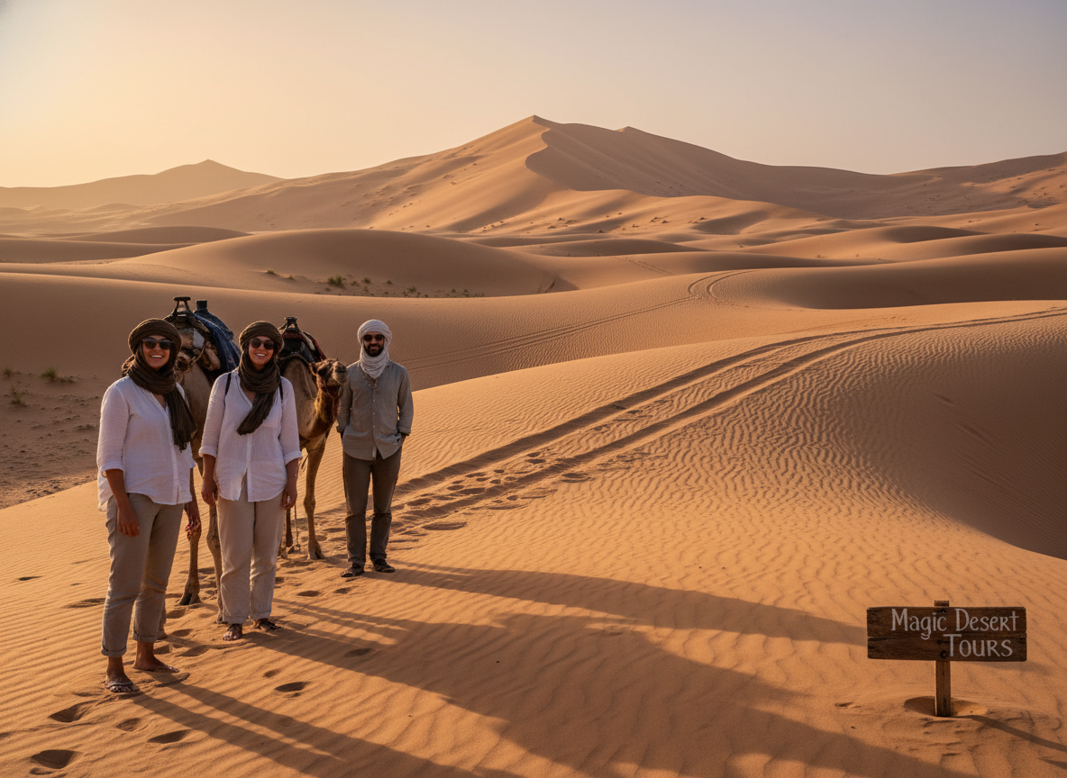 A breathtaking three-day Morocco desert excursion scene during golden hour, featuring rolling sand dunes under a warm, glowing sky. In the foreground, a caravan of three well-dressed travelers in modest casual clothing, smiling and enjoying the moment, with camel silhouettes beside them. The middle ground showcases a lined path of soft, rippling sand patterns leading deeper into the desert. In the background, majestic dunes rise high against the horizon, bathed in vibrant shades of orange and pink. The atmosphere evokes adventure and tranquility, capturing the essence of exploration. The image is captured with a wide-angle lens to emphasize the spaciousness of the desert landscape, with soft, diffused lighting enhancing the golden hour effect. Include the brand name "Magic Desert Tours" subtly integrated into the scene.