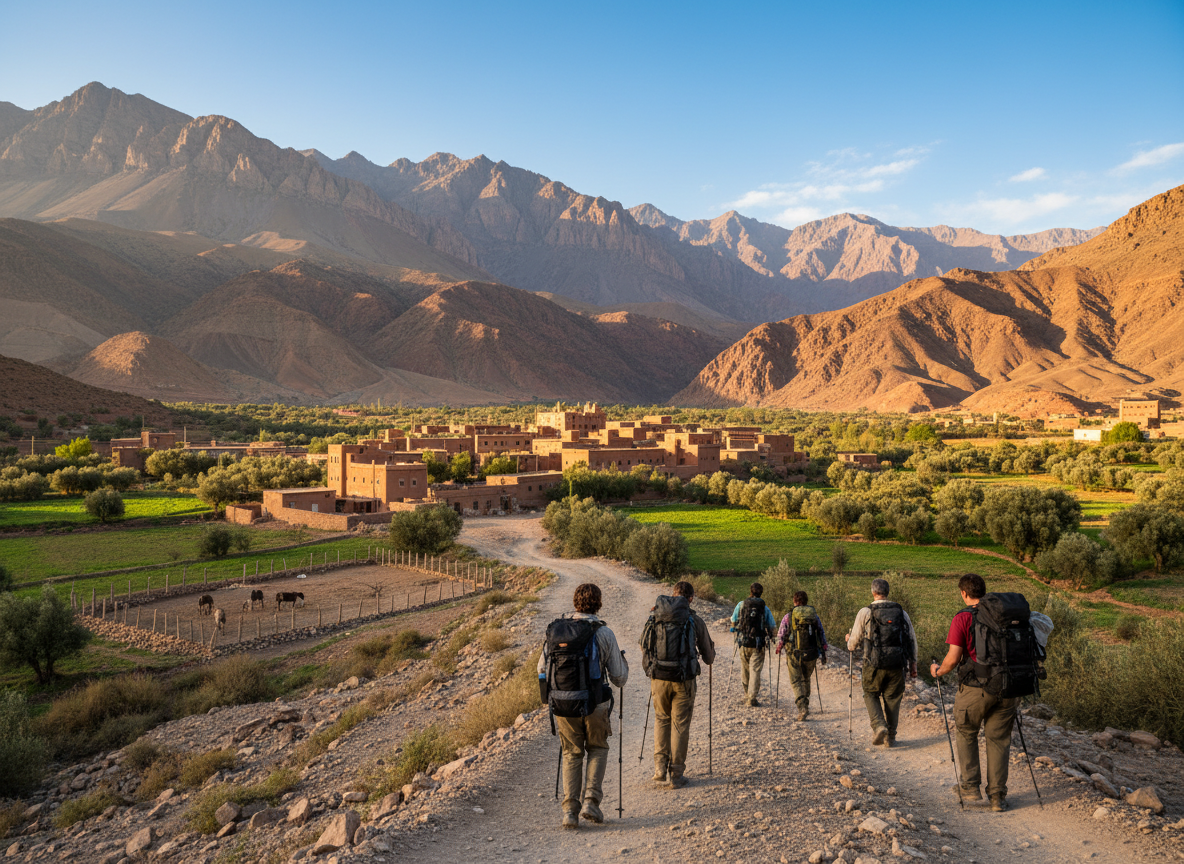 A breathtaking view of the Atlas Mountains in Morocco during a trekking tour. In the foreground, a diverse group of trekkers in modest casual clothing, equipped with backpacks and trekking poles, traverse a winding path leading towards a traditional Berber village. The middle ground features quaint, mud-brick houses nestled among lush green fields, with terraced farming visible. In the background, majestic mountain peaks rise under a clear blue sky, casting soft shadows on the landscape. Warm, golden sunlight bathes the scene, creating a serene and adventurous atmosphere. Capture the essence of exploration and cultural immersion, with a focus on nature's beauty. Use a wide-angle lens to emphasize the vastness of the mountains and the intimacy of the village.