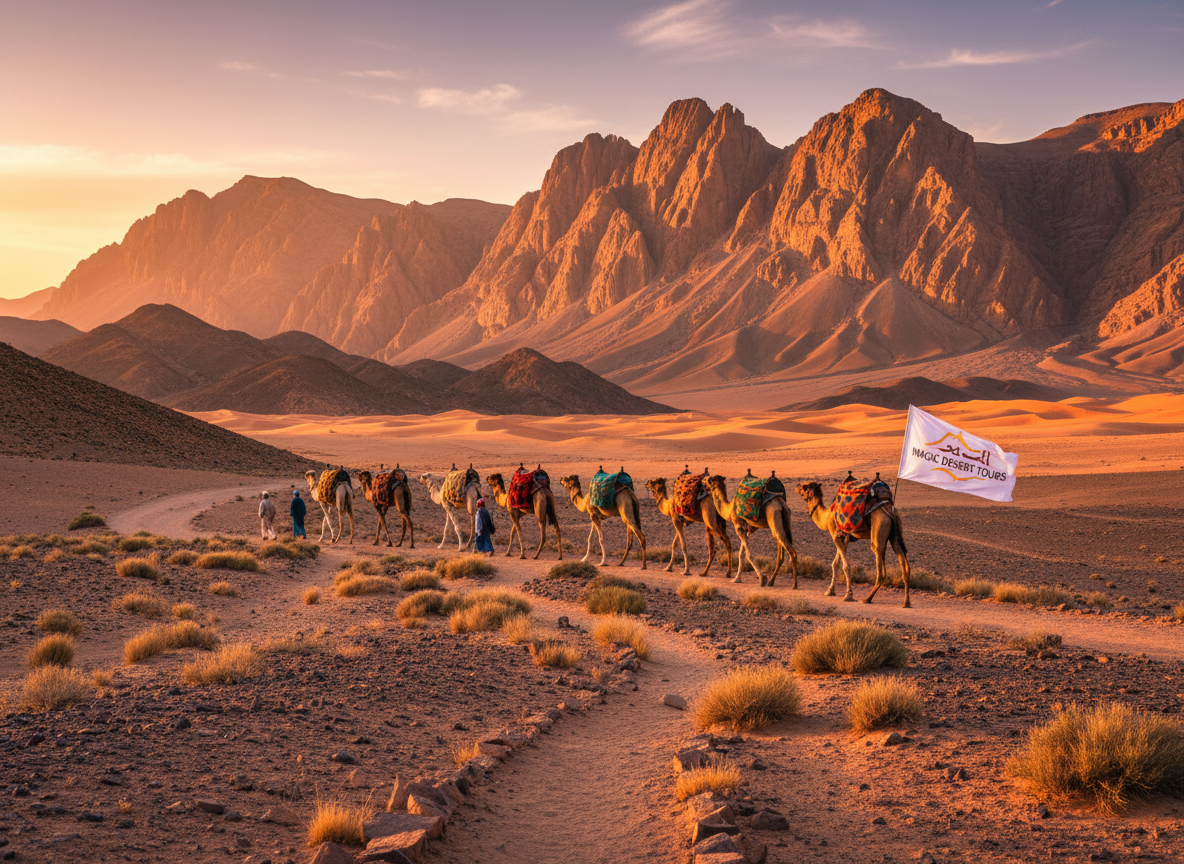 A breathtaking view of the Atlas Mountains, showcasing the Tizi n'Tichka pass enveloped in golden hour light. The foreground features winding desert trails with rugged terrain, dotted with sparse vegetation. In the middle ground, a caravan of camels gracefully traverses the sandy landscape, embodying an adventurous spirit. Brightly colored cloths adorn the camels, reflecting the vibrant culture of Morocco. The background boasts towering mountain peaks, their rocky faces illuminated by the warm glow of the setting sun, casting long shadows across the dunes. The atmosphere is serene and inviting, capturing the essence of unforgettable desert trips. This image embodies the allure of "Magic Desert Tours" within the majestic natural beauty of Morocco, evoking wonder and adventure.