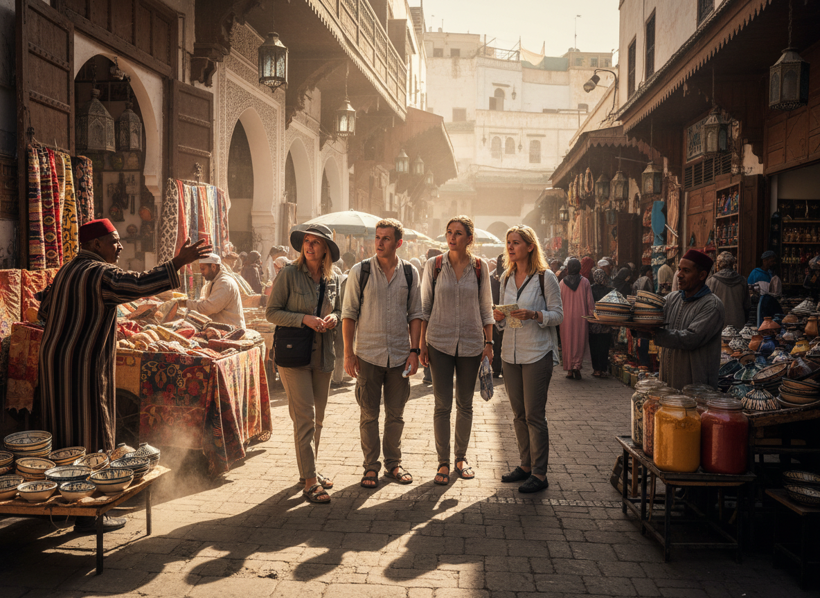 A bustling medina street in Morocco with a vibrant atmosphere, filled with colorfully dressed locals in modest casual clothing and intrigued tourists. In the foreground, a group of tourists appears visibly confused, surrounded by street vendors attempting to sell various goods, including intricate textiles, pottery, and spices. The middle ground features narrow alleyways adorned with traditional Moroccan architecture, featuring arched doorways and lanterns. The background showcases a lively market scene with shadows cast by the warm afternoon sun, creating a sense of urgency and bustling activity. Use a wide-angle lens to capture the crowded environment and emphasize the chaotic yet enchanting charm of the medina, evoking a blend of excitement and caution.