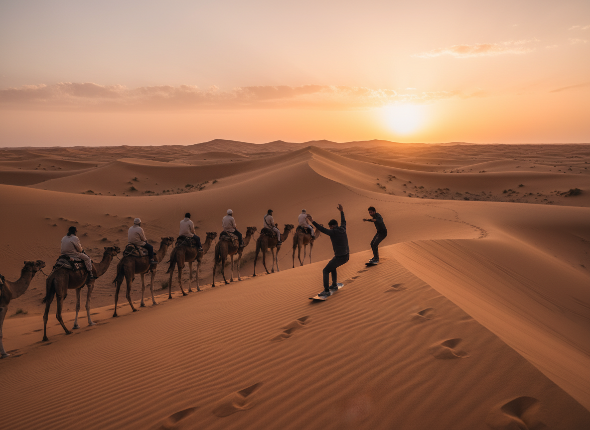 A captivating scene of a Merzouga desert expedition near the majestic Erg Chebbi dunes. In the foreground, a group of travelers in modest casual clothing, engaged in activities such as camel riding and sandboarding, showcasing their excitement. The middle ground features undulating golden dunes, with footprints etched into the sand, capturing a sense of adventure. In the background, a stunning sunset casts warm orange and pink hues across the sky, enhancing the serene yet adventurous atmosphere. The image should have a soft, diffused lighting to bring out the textures in the sand and the vibrant colors of the sky. Capture this dynamic moment from a low angle to emphasize the vastness of the desert and the grandeur of the dunes, evoking a sense of wonder and exploration.