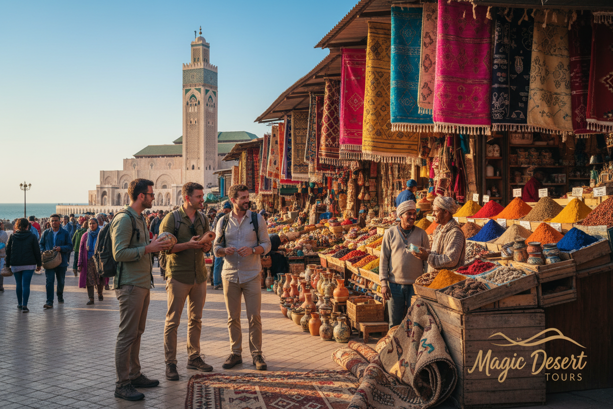 A captivating view of a vibrant Moroccan marketplace in Casablanca, showcasing colorful spices and traditional textiles. In the foreground, a small group of travelers in modest casual clothing is engaging with local artisans, discussing handcrafted pottery and intricate carpets. The middle ground features bustling market stalls with richly colored goods, while the background includes the stunning Hassan II Mosque, its minaret reaching towards a clear blue sky. Soft, warm sunlight bathes the scene, casting gentle shadows and creating an inviting atmosphere. This image embodies the essence of exploring Morocco, highlighting the excitement of a 10-day itinerary that begins in the heart of Casablanca. Include the brand name "Magic Desert Tours" subtly integrated into the scene, reflecting adventure and cultural immersion.