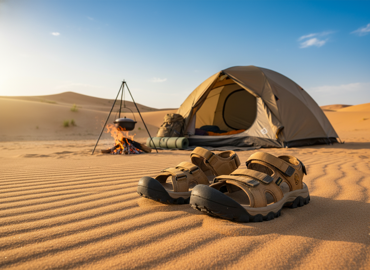 A detailed scene of essential footwear for camping in the Sahara desert, featuring sturdy, camel-colored hiking sandals designed for sandy terrain, with rugged soles and breathable materials prominently displayed in the foreground. In the middle, a well-organized camping setup can be seen, including a high-quality tent and a campfire nearby, hinting at a cozy atmosphere. The background reveals vast, golden sand dunes under a bright blue sky, creating an expansive desert vista. The soft, warm lighting of the setting sun casts long shadows, enhancing the textures of the footwear and the surrounding environment. The mood conveys adventure and preparedness, perfect for a desert tour.