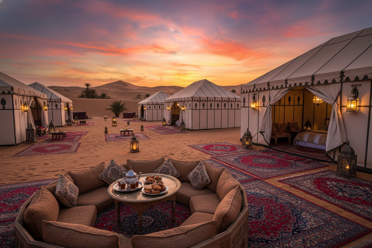 A luxurious desert glamping scene set in the Moroccan Sahara, featuring exquisite canvas tents adorned with elegant furnishings like plush rugs and crystal lanterns. In the foreground, a beautifully arranged outdoor seating area with cozy cushions and a low wooden table holding a traditional Moroccan tea set, capturing the inviting atmosphere. The middle ground showcases the majestic tents with their intricate patterns, blending seamlessly with the golden sand dunes. In the background, a breathtaking sunset casts warm hues of orange and pink across the sky, while a few sparse palm trees provide a touch of greenery. Soft, diffused lighting enhances the serene ambiance, evoking a sense of tranquility and adventure. The angle captures the tents' grandeur against the vast desert landscape, emphasizing the allure of luxury in nature.