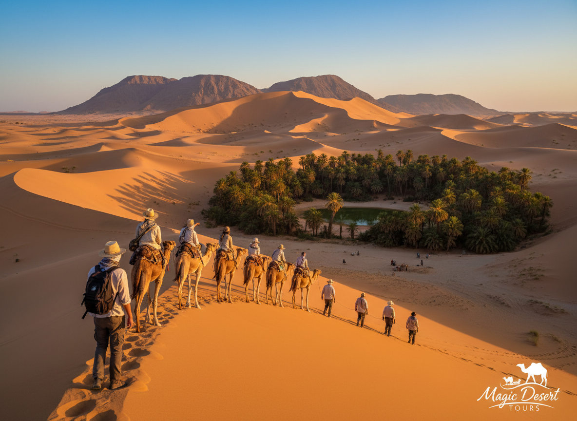 A panoramic view of the Sahara Desert, showcasing vast golden dunes under a brilliant blue sky. In the foreground, a caravan of camels walks gracefully across the undulating sands, guided by travelers dressed in modest casual clothing, enjoying their Sahara adventure. The middle ground features a vibrant oasis with palm trees, contrasting against the warm tones of the desert. In the background, towering dunes rise majestically, illuminated by the soft glow of the evening sun, creating a magical atmosphere. The scene captures a sense of exploration and wonder, inviting viewers to embark on an unforgettable journey with Magic Desert Tours. The lighting is warm and inviting, shot from a slightly elevated angle to encompass the grandeur of the landscape.