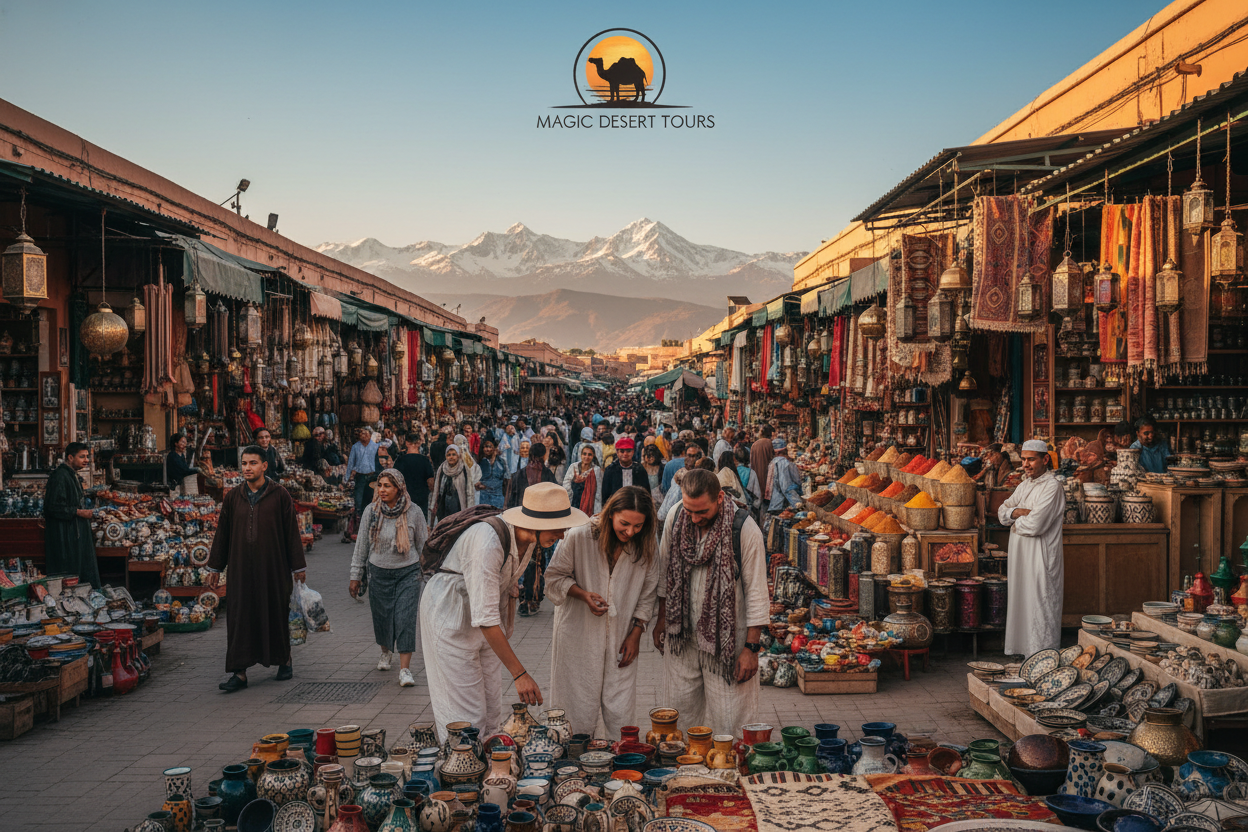 A picturesque scene capturing "Moroccan Adventures" featuring travelers in modest, casual clothing exploring a vibrant market in Marrakech. In the foreground, a group of diverse tourists examines intricate pottery and textiles, their faces filled with wonder. The middle layer showcases the bustling market with colorful stalls draped in traditional Moroccan fabrics, while local vendors engage with the shoppers. In the background, the stunning Atlas Mountains rise majestically under a clear blue sky, bathed in warm golden sunlight, creating a welcoming atmosphere. The scene is shot from a slightly elevated angle to provide depth, emphasizing the vibrant colors and details of the market. A logo for "Magic Desert Tours" subtly integrates into the scene, inviting exploration and adventure. The overall mood is lively and adventurous, encapsulating the essence of planning a memorable Moroccan journey.
