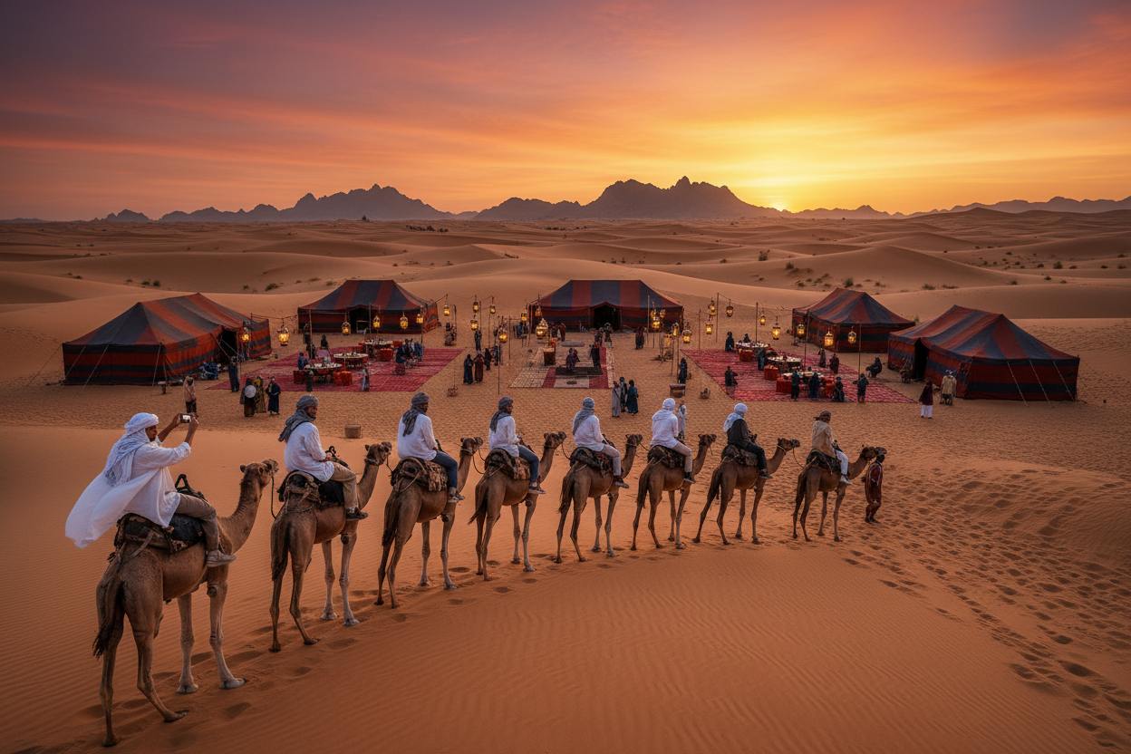 A picturesque scene of the Sahara Desert showcasing a variety of exciting activities. In the foreground, a group of tourists in modest casual clothing happily riding camels across golden sand dunes, with one person taking photographs. The middle ground features a lively desert camp with colorful tents, where visitors enjoy traditional Berber tea and dance, surrounded by lanterns illuminating the evening. In the background, a spectacular sunset casts warm hues across the vast desert landscape, highlighting the rolling dunes and distant mountains. The atmosphere is joyful and adventurous, evoking a sense of wonder and exploration. The image should have soft, diffused lighting to create an inviting and dreamy effect, capturing the essence of unforgettable desert experiences.