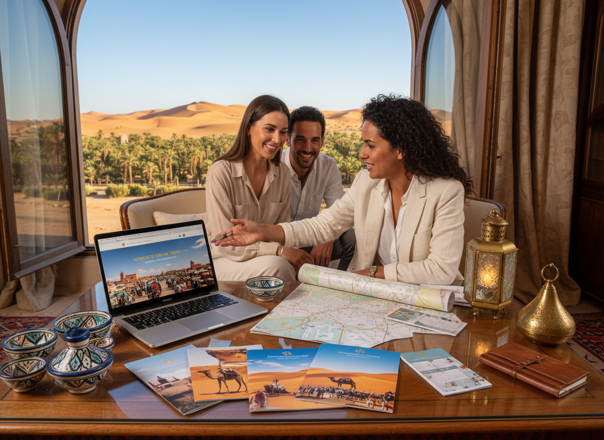 A picturesque scene showcasing customized travel packages for a Morocco tour planning experience. In the foreground, a table is elegantly set with neatly arranged brochures and maps featuring iconic Moroccan landmarks like the Sahara Desert and Marrakech's medina. A laptop displays an inviting website for booking tours, surrounded by traditional Moroccan items such as colorful ceramics and a decorative lantern. In the middle ground, a professional travel planner in modest business attire interacts with clients, discussing itineraries. The background features a sunlit Moroccan landscape with sandy dunes and lush palm trees, under a clear blue sky. The lighting is warm and inviting, creating an atmosphere of excitement and adventure, emphasizing the ease of planning a dream trip. The angle is slightly elevated, capturing both the details of the packages and the beautiful surrounding scenery.