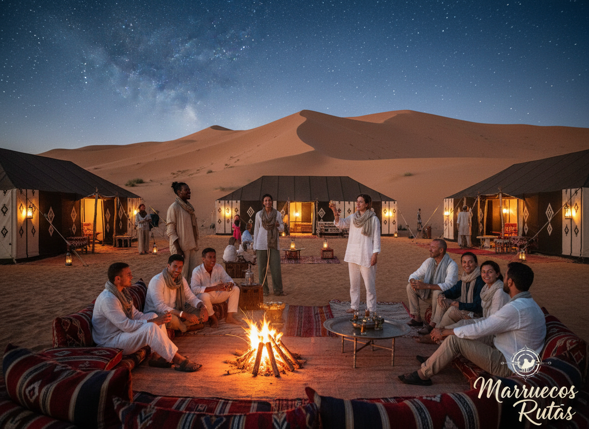 A picturesque view of a Sahara desert camp at twilight, featuring elegant tents with traditional Moroccan patterns illuminated by warm, flickering lanterns. In the foreground, a calming bonfire crackles, casting a soft glow on comfortable cushions arranged around it, inviting guests to relax under a starry sky. The middle ground showcases a group of diverse travelers, dressed in modest casual attire, enjoying the serene desert atmosphere while sipping mint tea. The backdrop displays towering golden sand dunes, gently shaped by the evening breeze, fading into a deep blue sky. Soft, warm lighting enhances the tranquil atmosphere, creating a feeling of adventure and relaxation. Logo style text, "Marruecos Rutas," subtly integrated into the corner to suggest professional desert tour branding.
