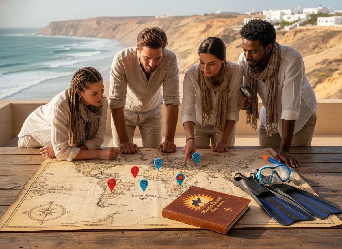 A scenic planning scene for a diving trip to Morocco, featuring a large, detailed world map spread on a rustic wooden table in the foreground. On the map, bright markers indicate popular dive sites like the coral reefs near Agadir. In the middle ground, a diverse group of four travelers, dressed in modest casual clothing, study the map intently, with a travel guidebook and snorkeling gear beside them. The background showcases a soft-focus view of a Moroccan landscape, hinting at the ocean waves and distant cliffs. Warm, natural lighting creates an inviting atmosphere, capturing the excitement of planning an adventure. Subtle branding for "Magic Desert Tours" is subtly incorporated into the travel guidebook's cover design, ensuring a cohesive professional look.