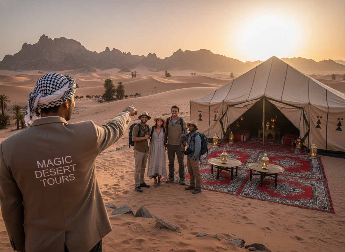 A serene and inviting Moroccan desert landscape at sunset, showcasing a beautiful blend of golden sands and rocky formations. In the foreground, a well-dressed tour guide from "Magic Desert Tours" engages a small group of diverse travelers in personalized exploration, pointing towards distant mountains. The middle ground features a cozy, intricately designed tent adorned with traditional Moroccan carpets and lanterns, setting a warm and welcoming atmosphere. The background should display the silhouettes of palm trees against the vibrant orange and pink sky, enhancing the feeling of adventure and exclusivity. Use soft, diffused lighting to create a tranquil mood, capturing the essence of private tours that offer unique and memorable experiences in Morocco.