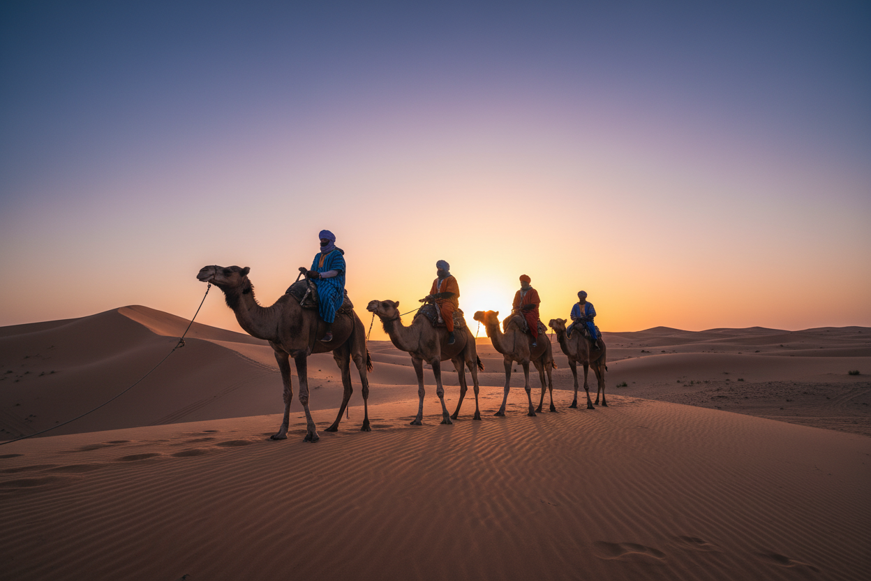 A serene camel trekking scene set in the breathtaking Moroccan Sahara desert during sunset. In the foreground, a group of travelers clad in modest, colorful traditional attire, confidently riding well-groomed camels, exuding a sense of adventure and tranquility. The middle ground features gentle sand dunes, softly rolling and glowing in hues of gold and orange as the sun sets behind them, casting elongated shadows. The background showcases a vast, open sky, transitioning from azure to warm tones of pink and purple, creating a tranquil atmosphere. The image is captured from a low angle, emphasizing the majestic silhouettes of the camels against the vibrant sky, with soft diffusion lighting to enhance the warm, inviting mood of an authentic desert experience.