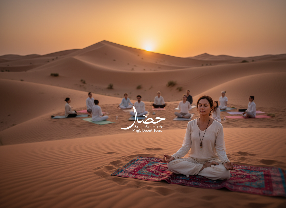 A serene desert landscape in Morocco at sunset, featuring a tranquil yoga session. In the foreground, a woman in modest yoga attire performs a graceful pose on a vibrant yoga mat, surrounded by soft sand dunes. Her calm expression reflects inner peace. In the middle ground, small groups of travelers in casual yet respectful clothing practice yoga, their mats arranged harmoniously. In the background, the sun sets behind majestic sand dunes, casting warm golden light across the scene, enhancing the tranquil atmosphere. The sky is a gradient of deep orange and dusky purple, creating a mystical ambiance. The image embodies the spirit of "Magic Desert Tours," inviting viewers into a peaceful retreat. Use a soft focus lens effect to emphasize the mood while capturing the beauty of the desert.