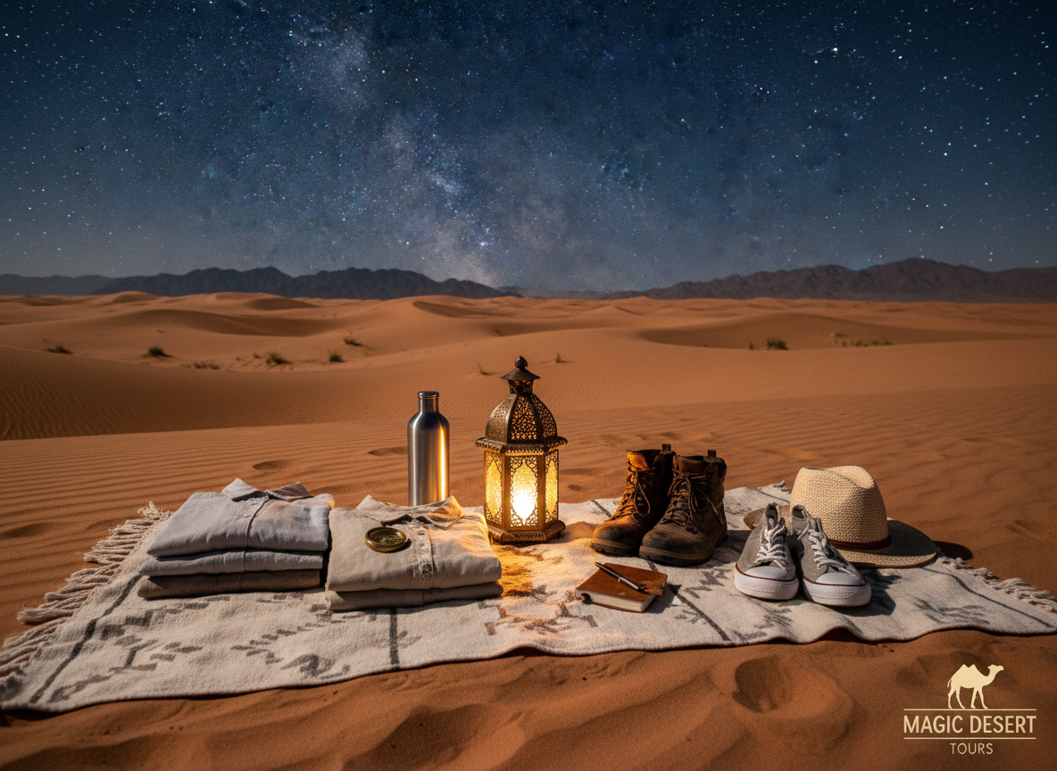 A serene desert night scene for a travel article, featuring a cozy, well-organized packing setup on a soft, sandy surface. In the foreground, a plush blanket is spread out, with neatly folded clothing items including lightweight layers, sturdy footwear, and travel accessories like a water bottle and a compass. In the middle, a beautifully illuminated lantern casts soft, warm light, creating a welcoming atmosphere. The background showcases gentle sand dunes under a starry sky, with the silhouette of distant mountains, hinting at adventure ahead. The overall mood is tranquil and inviting, celebrating the excitement of exploring Morocco with Magic Desert Tours. The image captures a sense of comfort and readiness for diverse environments, highlighting the essentials needed for city, mountain, and desert travels.