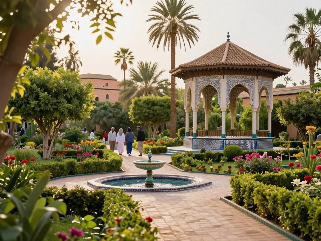 A serene scene capturing the lush gardens of Marrakech, featuring vibrant greenery, colorful flowers, and traditional Moroccan architecture in the background. In the foreground, a tranquil pathway lined with elegant fountains leads to a striking gazebo, adorned with intricate mosaic patterns. Soft sunlight filters through the leaves, creating a warm, inviting atmosphere. People dressed in modest, casual clothing, stroll along the path, enjoying the peaceful surroundings. The scene showcases the beauty of nature and the rich cultural heritage of Marrakech. The angle is slightly elevated, providing a sweeping view of the entire garden, with soft-focus elements adding depth. Ideal for the enchanting vibe of "Magic Desert Tours."