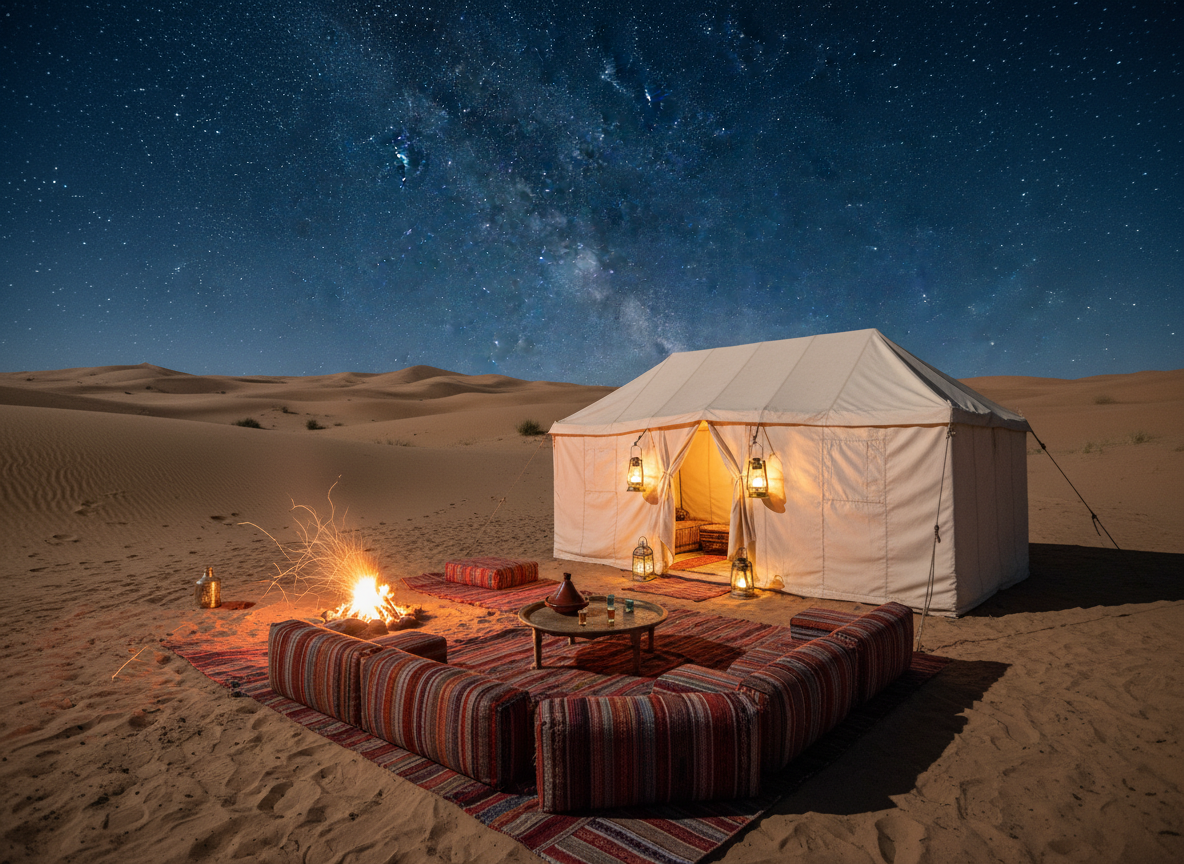 A serene scene of camping in the Moroccan desert under a vast, starry sky. In the foreground, a traditional canvas tent with soft, glowing lanterns creates a warm ambiance. A cozy campfire crackles nearby, casting flickering shadows. The middle ground features scattered cushions and blankets around the fire, inviting for relaxation and storytelling. In the background, majestic sand dunes rise gently under a vibrant night sky filled with countless stars, illuminating the space with a celestial glow. The lighting is soft and romantic, capturing the tranquil essence of the desert night. The angle is slightly elevated, offering a panoramic view of the campsite against the stunning starry backdrop. The mood is peaceful, reflective, and filled with a sense of wonder.
