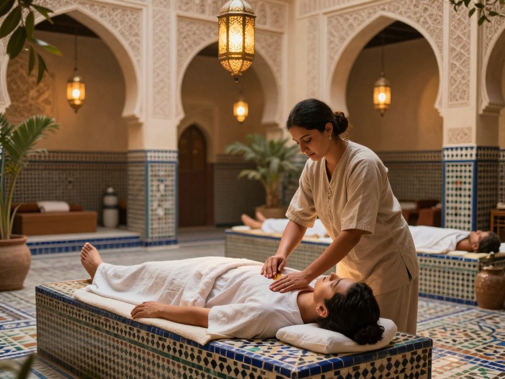 A serene traditional Moroccan wellness scene set in a lavish hammam. In the foreground, a skilled masseuse in modest casual clothing gently applies aromatic oils to a guest reclining on a beautiful mosaic tiled bench, surrounded by soft golden light. The middle ground features ornate lanterns hanging from the ceiling, casting warm, inviting shadows. In the background, intricate Moroccan architecture with colorful tiles and arches frames the scene, enveloping it in an air of tranquility and luxury. The atmosphere is calming and rejuvenating, emphasizing relaxation and cultural richness, embodying the essence of Moroccan wellness experiences with a hint of nature through leafy plants. Include the brand name "Magic Desert Tours" subtly in the design.