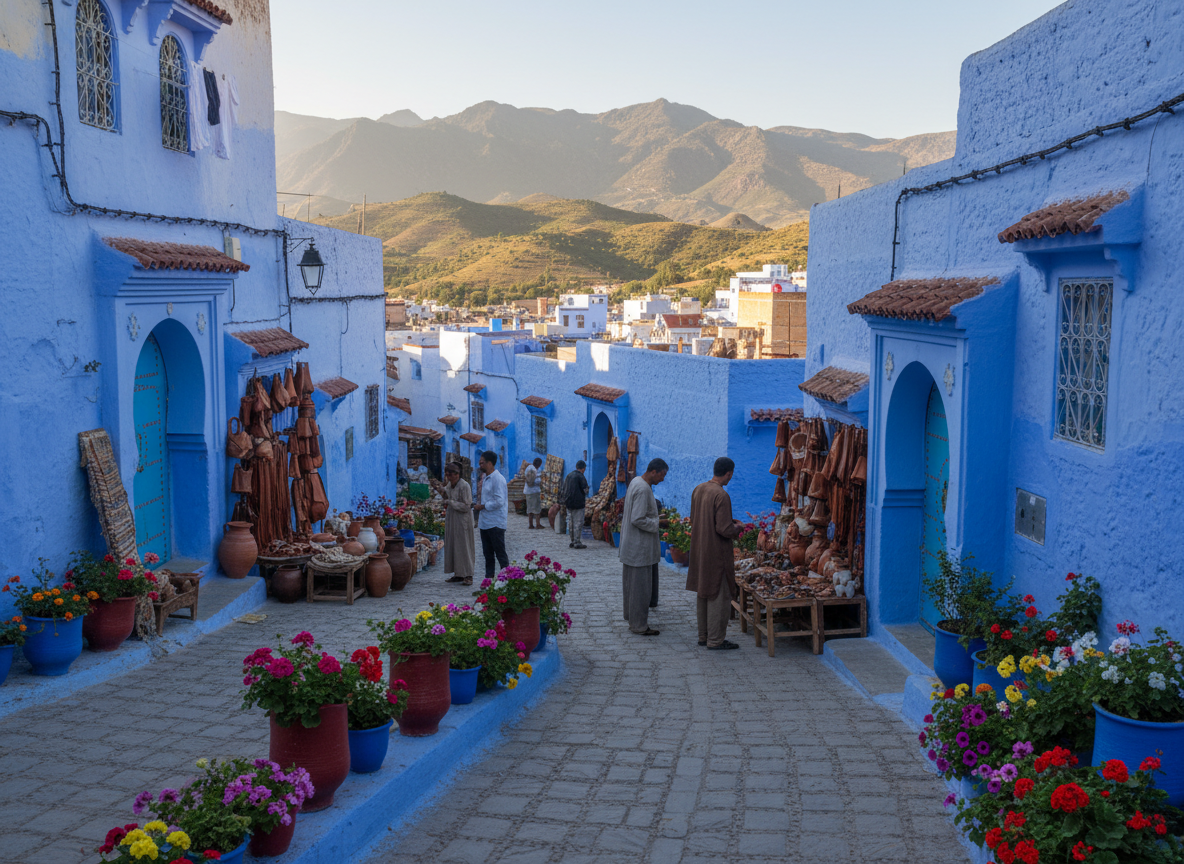 A serene view of the blue-washed streets of Chefchaouen, Morocco, showcasing the charming alleyways and intricate designs adorning the buildings. In the foreground, a cobblestone path winds through vibrant flower pots that add splashes of color. The middle ground features local artisans selling handcrafted wares, dressed in modest casual clothing, adding life to the scene. In the background, rolling hills and distant mountains provide a stunning backdrop, bathed in warm afternoon sunlight that casts soft shadows. The atmosphere is tranquil and inviting, evoking a sense of wonder and discovery that embodies the essence of the Blue Pearl of Chefchaouen. Capture this scene with a wide-angle lens for a panoramic view, emphasizing the unique architectural details and the picturesque ambiance.