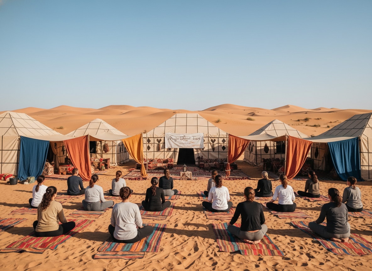 A serene yoga retreat in Morocco, capturing the essence of preparation for a desert adventure. In the foreground, a diverse group of individuals in modest, casual yoga attire, practicing mindfulness and stretching on colorful yoga mats spread across sandy terrain. In the middle ground, vibrant Moroccan-style tents decorated with intricate patterns and warm fabrics suggest a peaceful gathering space. The background features the stunning Sahara Desert, with golden dunes under a bright blue sky, bathed in soft, warm sunlight. The atmosphere is tranquil and inviting, evoking a sense of harmony and connection with nature. The brand name "Magic Desert Tours" subtly integrated within the scene. The image should be captured with a wide-angle lens, softly focused to enhance the serene mood and highlight the participants' peaceful expressions.