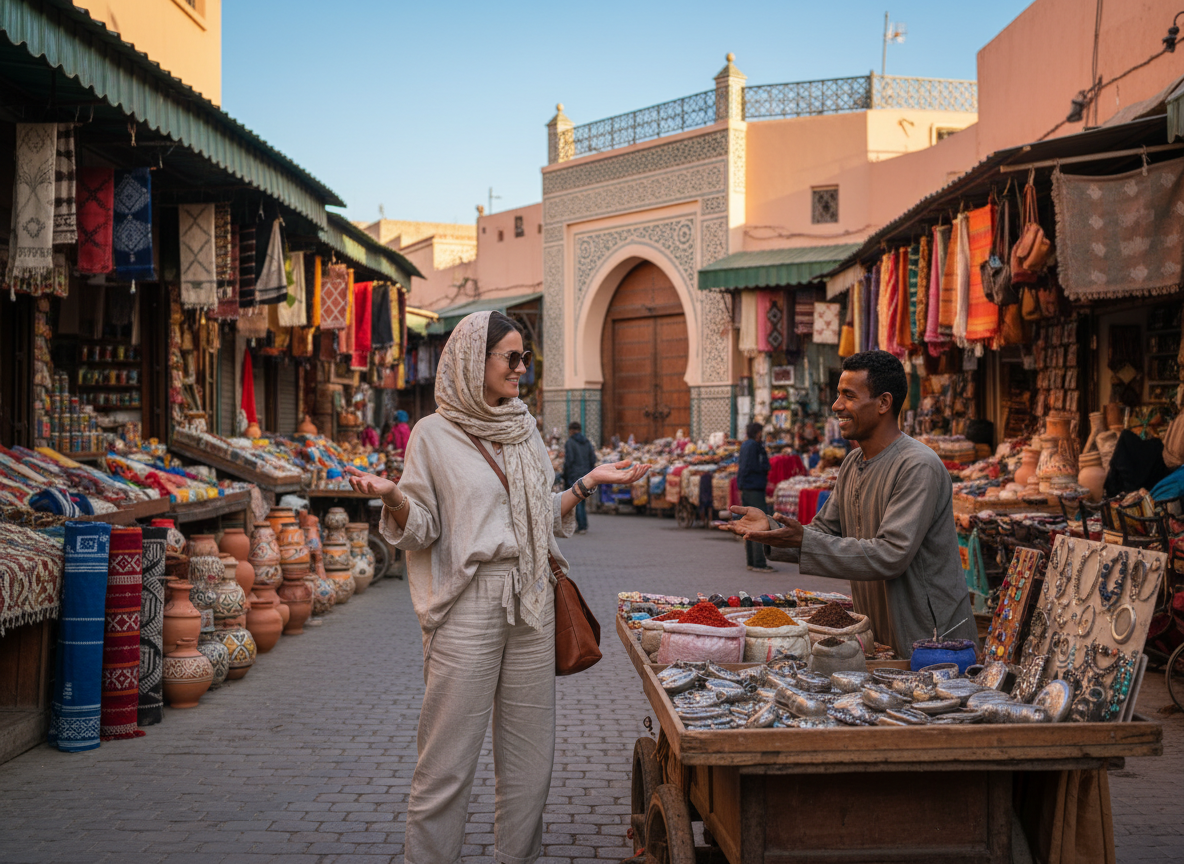 A solo female traveler standing confidently in the bustling streets of Marrakech, Morocco. She wears modest casual clothing, including a lightweight scarf and sunglasses, embodying both style and cultural respect. In the foreground, the traveler is engaged in a conversation with a friendly local vendor selling spices and traditional crafts. The middle ground features vibrant market stalls filled with colorful textiles and pottery, creating a lively atmosphere. The background reveals stunning Moroccan architecture with intricate tilework and arched doorways under a bright blue sky. The lighting is warm and inviting, suggesting a sunny afternoon. The overall mood is adventurous yet safe, capturing the essence of exploring Morocco as a woman traveling alone.