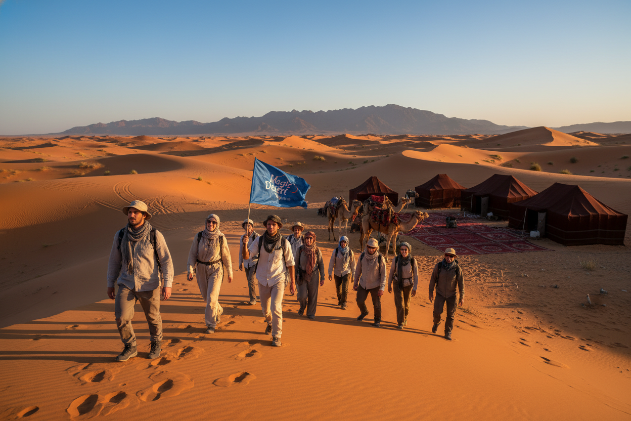 A stunning desert landscape in Morocco featuring vast orange sand dunes under a clear blue sky. In the foreground, a group of diverse travelers wearing modest casual clothing, embarking on a guided tour with "Magic Desert Tours," eagerly exploring the captivating scenery. The middle ground showcases traditional Berber tents arranged invitingly, with camels nearby, ready for a ride through the stunning terrain. The background reveals distant mountains and a glowing sunset casting warm, golden hues over the landscape, creating an inviting atmosphere. The scene captures the feeling of adventure and authenticity, with soft lighting illuminating the dunes and warm tones enhancing the natural beauty of the Moroccan desert.