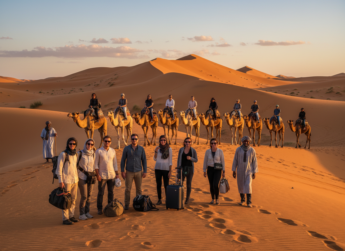 A stunning desert landscape showcasing the diverse options for tours from Marrakech to Merzouga. In the foreground, a group of travelers in modest casual attire, excited and diverse in appearance, are embarking on their adventure, with luggage and gear for a range of tour types from budget to luxury. In the middle ground, a vibrant caravan of camels carries tourists, with a guide leading the way, displaying a mix of traditional and modern tour styles. The background features the mesmerizing sand dunes of Merzouga, glowing under a golden sunset, creating dramatic shadows. The sky is a blend of warm oranges and cool twilight blues. The image should evoke a sense of adventure, excitement, and the beauty of the Moroccan desert, captured with a wide-angle lens for depth and detail, illuminated by soft, natural lighting.