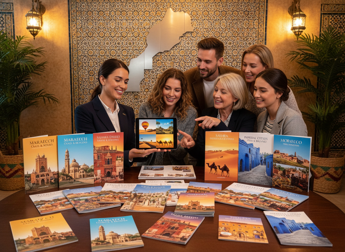 A stunning showcase of various Morocco tour packages, prominently displayed in a vibrant travel agency setting. In the foreground, a large wooden table is adorned with colorful brochures and travel itineraries featuring iconic Moroccan destinations like Marrakech, the Sahara Desert, and Fes. In the middle ground, a travel agent in professional attire demonstrates a digital tablet to a group of eager travelers, showcasing stunning images of Moroccan landscapes and cultural highlights. In the background, a beautifully decorated wall features a traditional Moroccan mosaic and a map of Morocco. The scene is illuminated by warm, inviting lighting, creating an inviting atmosphere that inspires adventure and exploration. Capture the essence of travel and the allure of Morocco, ensuring a harmonious and dynamic composition.