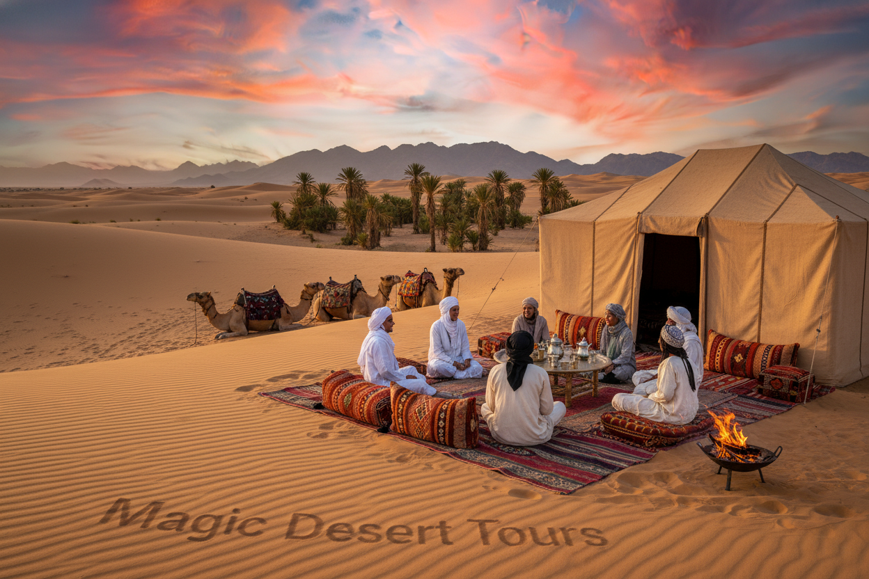 A stunning view of Morocco's iconic desert landscape at sunset, with golden sand dunes stretching into the distance. In the foreground, a traditional Berber tent is elegantly set up, adorned with colorful woven rugs and cushions, inviting travelers to relax. A group of people dressed in modest casual clothing, representing diverse backgrounds, is engaged in a cultural experience, such as enjoying Moroccan tea or sharing stories around a fire. In the middle ground, you can see palm trees swaying gently, and camels resting nearby, symbolizing local wildlife and transport. The background features the Atlas Mountains under a vibrant, cloud-strewn sky painted with shades of orange, pink, and purple. The scene captures a magical, serene atmosphere, representing the essence of Morocco. Include the branding "Magic Desert Tours" subtly integrated into the landscape, ensuring it complements the natural beauty.
