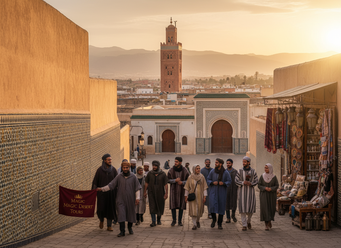 A stunning view of Morocco's imperial cities, showcasing the vibrant architecture and rich history. In the foreground, a guided tour of travelers in modest casual clothing, male and female, exploring the narrow streets lined with ornate tilework and bustling markets. In the middle ground, majestic palaces and historical landmarks, such as the Koutoubia Mosque and stunning riads adorned with colorful mosaics. The background features the Atlas Mountains softly illuminated by warm, golden sunlight during the golden hour. Capture the atmosphere of adventure and cultural exploration with soft, diffused lighting that enhances the rich colors of the city. Include the brand name "Magic Desert Tours" subtly integrated into the scene, ensuring it is harmonious and not disruptive.