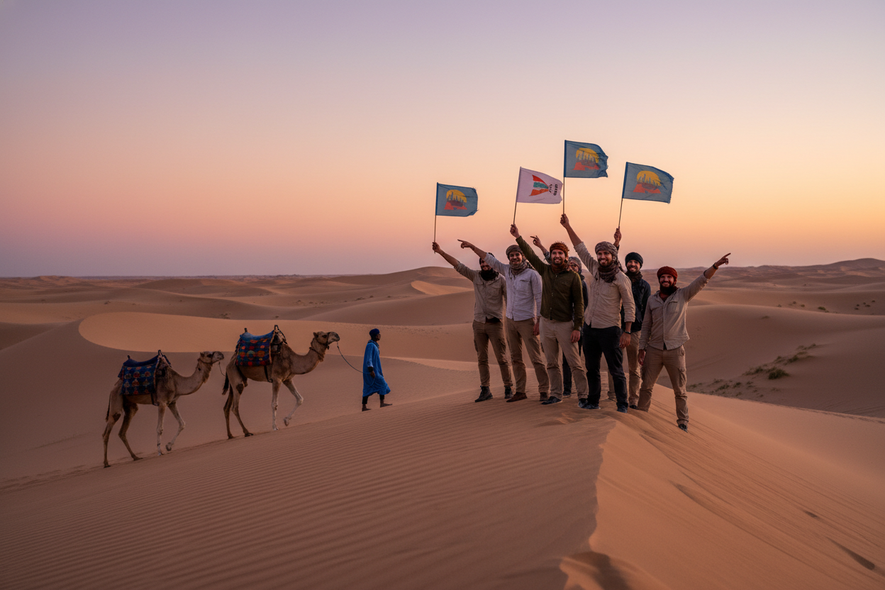 A thrilling scene of sand dune exploration in the Sahara Desert of Morocco. In the foreground, a group of adventurers dressed in modest, casual attire stands atop a towering golden sand dune, gazing out over the vast expanse of undulating dunes. Some are holding small personal flags, while others are pointing in awe towards the horizon. In the middle ground, a pair of camels loaded with colorful saddlebags ambles through the sand, adding a cultural element to the adventure. The background features a stunning sunset casting warm hues of orange and pink across the sky, contrasting with the deep shadows of the dunes. Capture this vibrant atmosphere with soft, diffused lighting, emphasizing the adventure and beauty of exploration in the Sahara. Use a wide-angle lens perspective to encompass the majesty of the landscape.