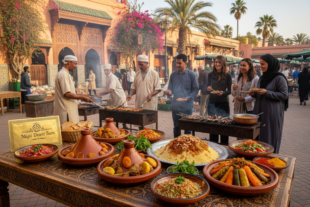 A vibrant Moroccan dining scene in Marrakech showcasing an array of traditional dishes. In the foreground, beautifully arranged platters of tagine, couscous, and colorful salads, garnished with fresh herbs and spices. In the middle ground, a bustling market with local chefs in modest casual clothing, expertly preparing street food and sharing culinary insights with visitors. The background features iconic Marrakech architecture, with intricate tile work and lush greenery. Warm, golden lighting captures the late afternoon sun, creating a welcoming and inviting atmosphere. The scene evokes a sense of authentic culinary delight, inviting viewers to explore the rich flavors of Morocco. Brand name prominently displayed: "Magic Desert Tours."