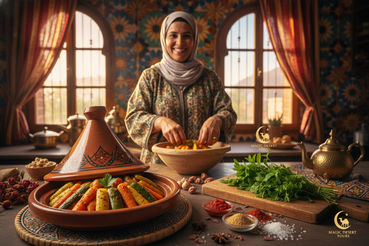 A vibrant Moroccan kitchen scene filled with rich colors and textures, showcasing the art of Moroccan cuisine. In the foreground, a beautifully arranged traditional tagine dish with colorful vegetables and spices, surrounded by a wooden cutting board with fresh herbs and vibrant spices. The middle ground features a smiling Moroccan chef, dressed in modest casual clothing, expertly arranging ingredients and preparing a meal. The background reveals ornate Moroccan tiles and a window with traditional curtains, allowing soft, warm light to flood the space, creating an inviting atmosphere. The overall mood is lively and warm, embodying the essence of Moroccan culinary traditions. Brand logo "Magic Desert Tours" subtly incorporated within the design elements.