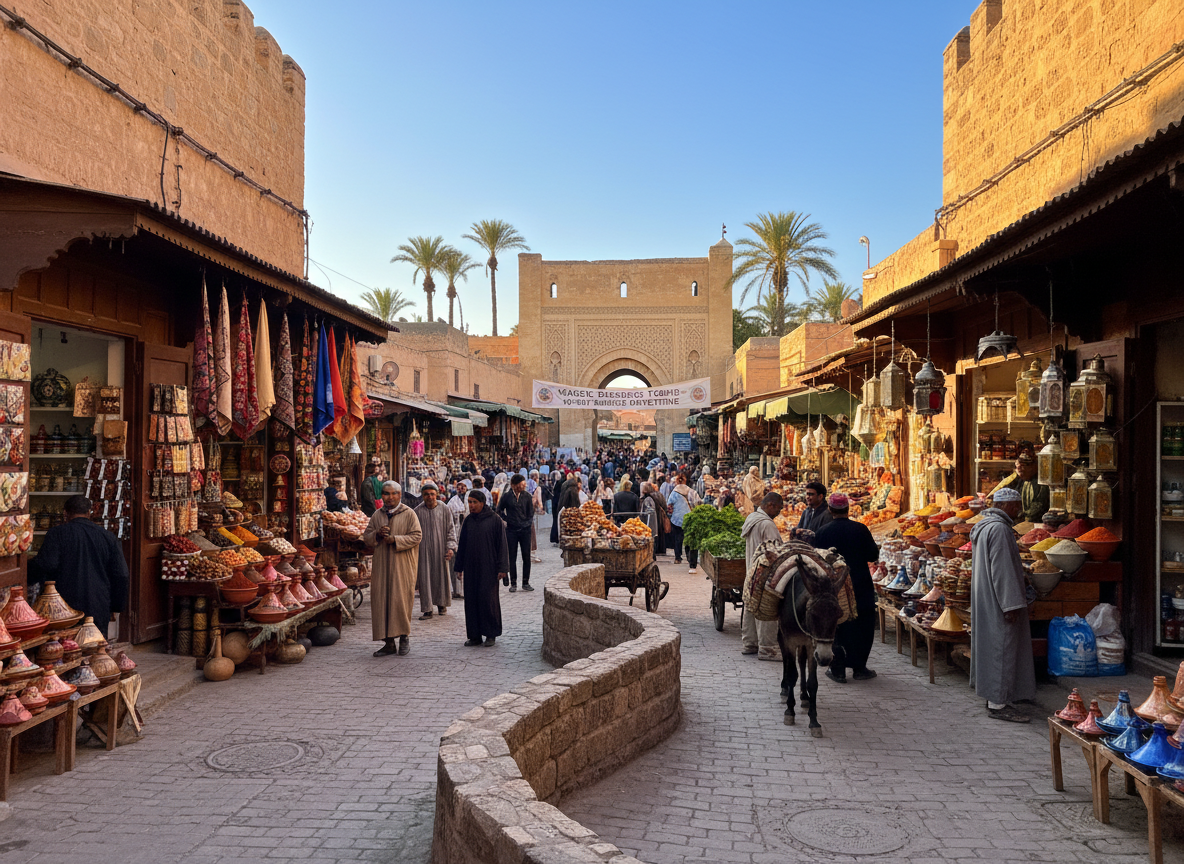 A vibrant Moroccan medina scene, filled with life and color. In the foreground, a narrow cobblestone street lined with intricately adorned shops showcasing traditional textiles, ceramics, and spices, where local vendors in modest clothing engage with customers. The middle ground features bustling souks, with merchants displaying their wares, adding warmth and vibrancy. In the background, a magnificent ancient architecture with arched doorways and intricate tile work, bathed in soft, golden afternoon light. A few palm trees sway gently against a bright blue sky. The atmosphere is lively yet cohesive, inviting travelers to explore the rich culture of Morocco. Capture this scene as an immersive experience, emphasizing the charming depth and character of a medina, in a way that embodies the adventure of a 10-day Morocco tour by Magic Desert Tours.