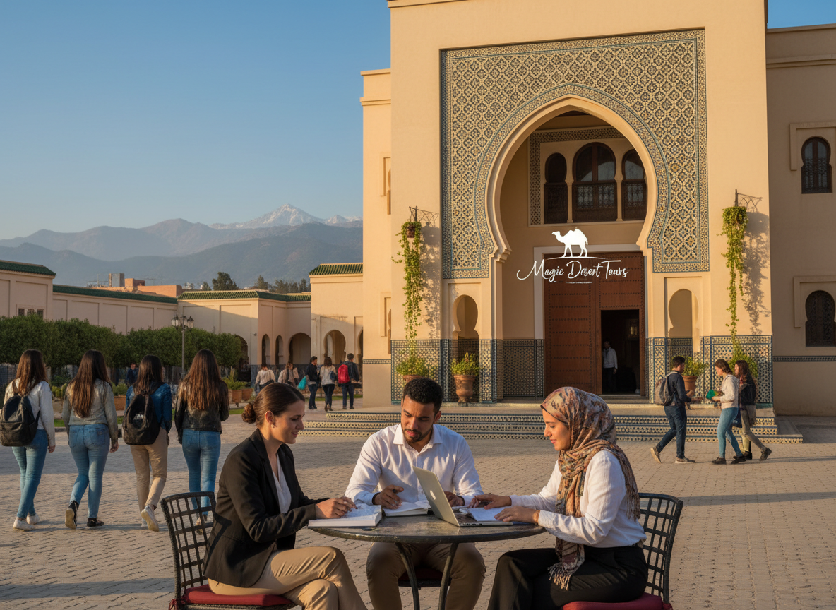 A vibrant Moroccan university campus bustling with diverse international students engaged in academic activities. In the foreground, a small group of students in professional business attire discusses study materials, showcasing their cultural exchange. The middle ground features an iconic Moroccan architectural building, adorned with intricate tilework and lush greenery, with students walking between classrooms. In the background, the stunning Atlas Mountains rise majestically under a clear blue sky, lending an air of authenticity and adventure. Soft, warm lighting bathes the scene, creating a welcoming atmosphere that invites exploration. The image subtly incorporates the logo of "Magic Desert Tours" within the architecture, emphasizing the connection to cultural experiences and study abroad opportunities.