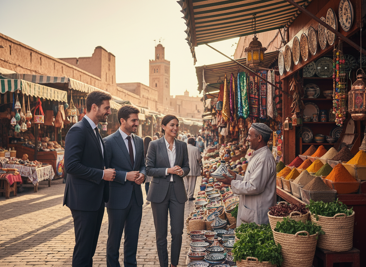 A vibrant, immersive scene capturing VIP Morocco adventures, featuring a small group of travelers in professional business attire exploring a bustling local market filled with colorful spices and handcrafted goods. In the foreground, the travelers engage with a friendly local artisan showcasing traditional pottery, highlighting an exclusive cultural experience. The middle ground reveals lively market stalls adorned with vivid textiles and ornate lanterns, creating a rich, inviting atmosphere. The background features the stunning architecture of a Moroccan medina, bathed in warm golden light during the late afternoon. Soft shadows enhance the textures and colors, evoking a sense of adventure and connection with the local culture. Include "Magic Desert Tours" subtly in the scene, ensuring the overall composition reflects a joyful and upscale travel experience.