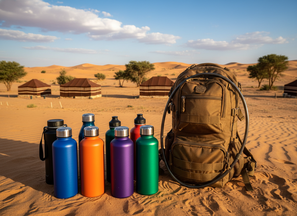 A vibrant outdoor scene showcasing essential hydration gear for a desert tour in Morocco. In the foreground, several colorful, durable water bottles made from lightweight materials are arranged alongside a camelback hydration pack, featuring convenient pockets for storage. The middle ground captures a sandy landscape with gentle dunes, where traditional Berber tents are visible in the distance, blending seamlessly into the natural environment. The background features a bright blue sky with fluffy white clouds casting diffused sunlight, creating a warm, inviting atmosphere. The image should possess a slight high-angle perspective to emphasize the gear’s functionality in a desert context, with natural lighting that highlights the colors and textures of the equipment.