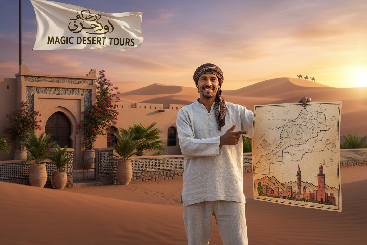 A vibrant scene capturing the essence of Moroccan travel, featuring a professional tour operator, representing "Magic Desert Tours," standing in a picturesque desert landscape. In the foreground, the operator, dressed in modest casual clothing, gestures towards a map of popular Moroccan landmarks. The middle ground showcases a traditional Moroccan riad with intricate tilework and lush greenery, while in the background, the sun sets over the Sahara, casting a warm golden glow across the dunes. The atmosphere is inviting and adventurous, reflecting the excitement of exploring Morocco. The lighting is soft yet vivid, enhancing the rich colors of the landscape, with a slight lens blur adding depth to the scene.