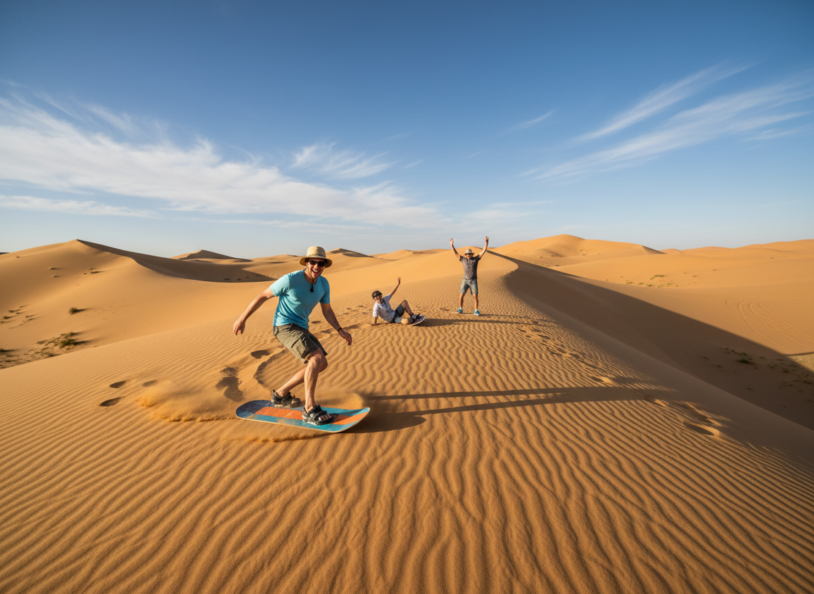 A vibrant scene capturing the thrill of sandboarding on the golden dunes of Erg Chebbi in Morocco. In the foreground, a smiling individual clad in a lightweight, modest t-shirt and sunhat expertly maneuvers down a steep, sunlit dune on a colorful sandboard. The middle ground features another group of sandboarders, with varying skills, enjoying the seamless expanse of the undulating dunes. The background showcases the vast, sweeping dunes, glistening under the warm afternoon sun, with a clear blue sky overhead dotted with a few wispy clouds. The lighting highlights the golden hues of the sand, creating a dynamic and inviting atmosphere, perfect for adventure. Use a wide-angle lens perspective to emphasize the scale of the dunes and convey the excitement of this unique experience.