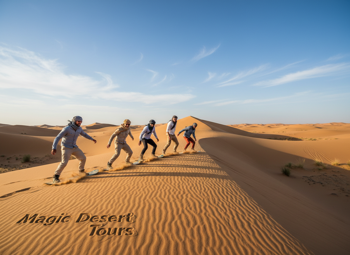 A vibrant scene of sandboarding adventures at Erg Chebbi, with golden dunes stretching endlessly in the background under a bright blue sky. In the foreground, a diverse group of adventurers in modest, casual clothing enthusiastically sandboard down a tall dune, their smiles reflecting excitement and thrill. The middle ground features patches of soft, rippling sands, with their shapes illuminated by warm sunlight creating shadows. Enhance the atmosphere with a sense of motion, as grains of sand kick up around the riders. Use a wide-angle lens perspective to capture the vastness of the desert landscape, conveying the exhilarating adventure of the Moroccan Sahara. Branding logo "Magic Desert Tours" subtly integrated in the foreground, blending with the adventurous spirit of the scene.