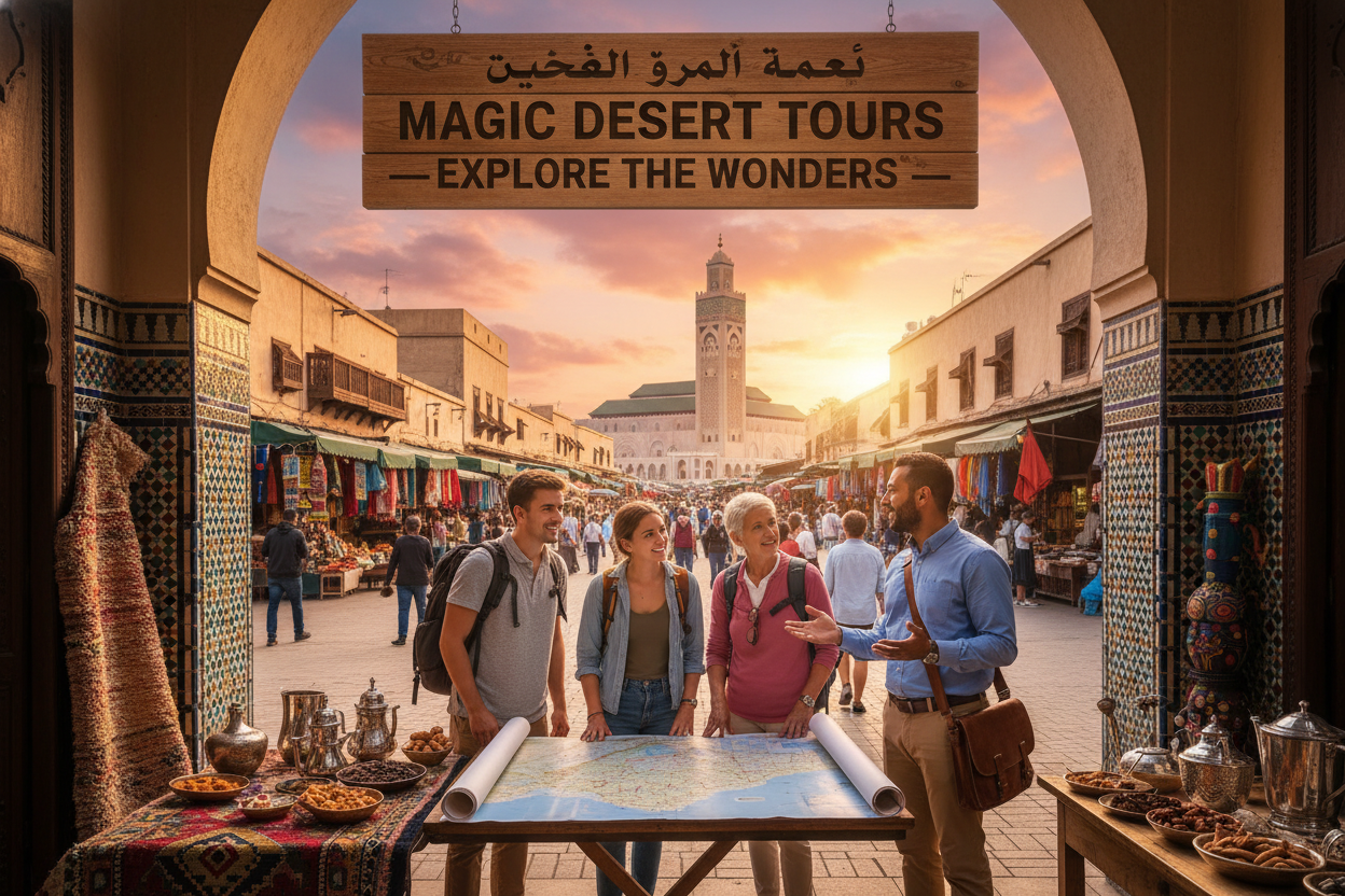 A vibrant scene showcasing "Magic Desert Tours" in the heart of Casablanca. In the foreground, a professional tour guide, dressed in smart casual attire, engages a diverse group of travelers who are intently discussing their travel needs and expectations, surrounded by local artisanal products. The middle layer features traditional Moroccan architecture, with intricate tile work and arched doorways, suggesting cultural depth. The background shows the bustling streets of Casablanca, with lively markets and distant views of the Hassan II Mosque bathed in golden sunset light. The atmosphere is warm and inviting, filled with a sense of adventure and discovery. The image captures the essence of personalized travel experiences, emphasizing vibrant interactions and cultural exploration.