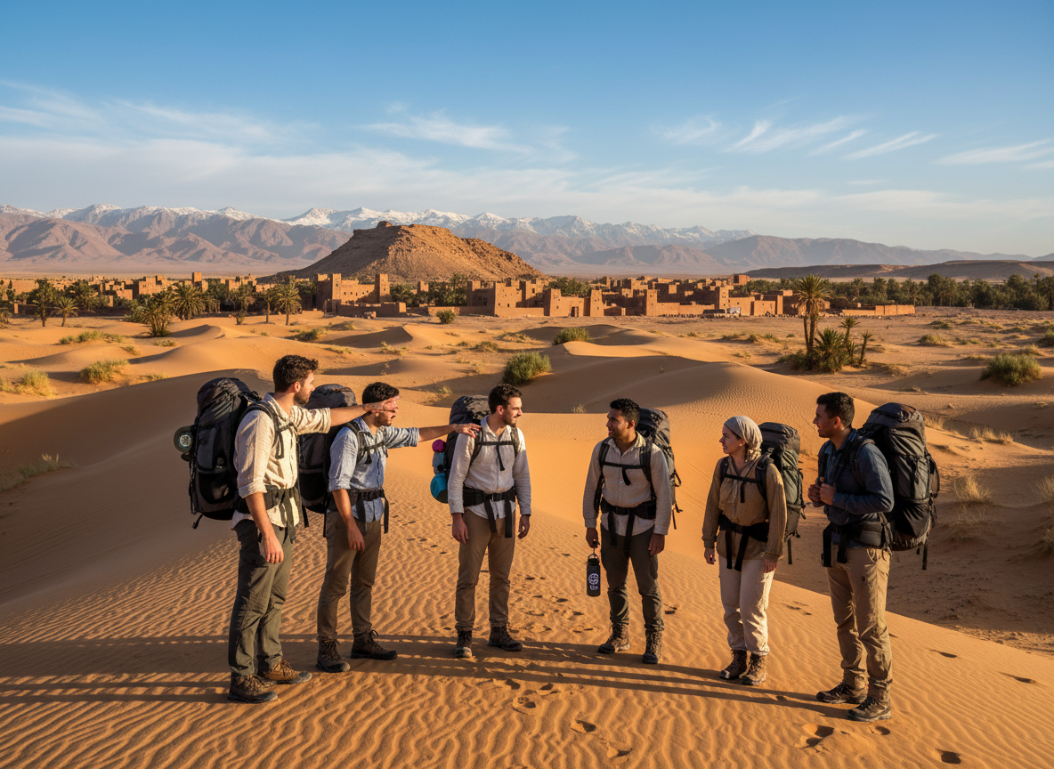 A vibrant scene showcasing a diverse group of students exploring Morocco's stunning landscapes, encapsulated in a sun-drenched desert environment. In the foreground, students dressed in modest casual clothing, equipped with backpacks, are engaging with each other, pointing at a distant mountain range. The middle ground features rolling sand dunes adorned with sparse vegetation while traditional Moroccan architecture can be seen blending into the natural landscape. The background portrays the majestic Atlas Mountains under a clear blue sky, with soft clouds casting gentle shadows. The lighting is warm and inviting, suggestive of a late afternoon sun, creating a lively, adventurous atmosphere. The image embodies the spirit of exploration and cultural immersion, highlighting the brand "Magic Desert Tours" subtly in the scene.