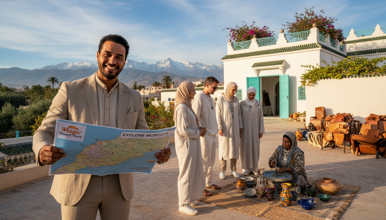 A vibrant travel scene featuring a picturesque Moroccan landscape showcasing the essence of vacation packages. In the foreground, a well-dressed travel guide from "Magic Desert Tours" stands with a welcoming smile, holding a map of Morocco. In the middle ground, tourists wearing modest casual clothing engage with a local artisan, showcasing traditional crafts and culture. The background reveals iconic Moroccan architecture, including a colorful riad and the stunning Atlas Mountains under a bright blue sky. Soft, golden sunlight bathes the scene, creating a warm and inviting atmosphere that emphasizes exploration and cultural richness. A wide-angle perspective captures the expanse of the landscape, inviting viewers to imagine their own Moroccan adventure.