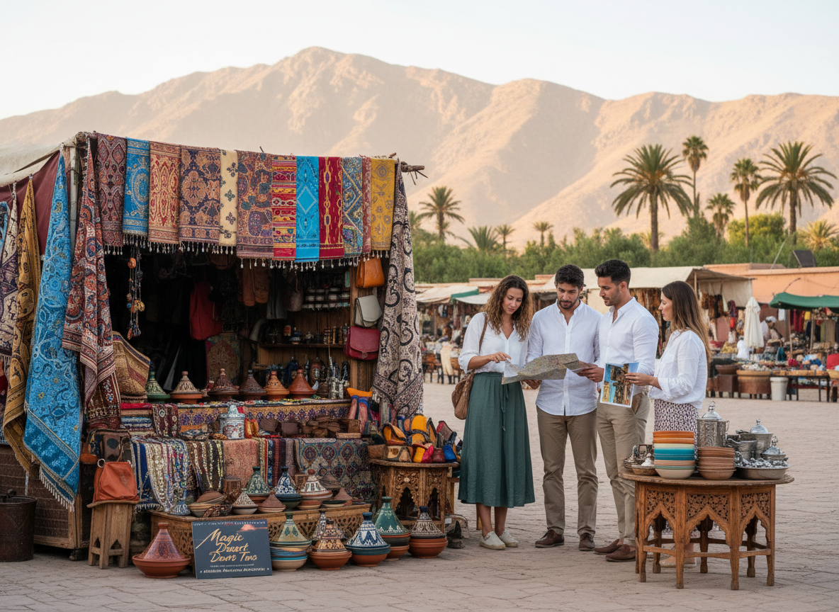 A vibrant travel scene showcasing a summer vacation package in Morocco, featuring a picturesque outdoor market filled with colorful textiles and traditional pottery. In the foreground, a diverse group of travelers in modest and professional casual clothing, discussing their itinerary in front of a stall offering local goods. The middle ground presents a stunning backdrop of the Atlas Mountains, bathed in warm, golden sunlight, creating a welcoming atmosphere. The background includes the silhouette of a historic Moroccan riad with lush greenery and palm trees. Soft, diffused lighting enhances the inviting mood, reminiscent of a sunny summer day. The logo "Magic Desert Tours" subtly integrated into a travel brochure positioned on a nearby table, emphasizing affordability and adventure in Morocco.